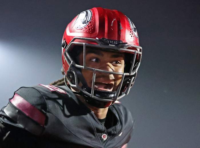Samaj Jones reacts to scoring a touchdown in the PIAA Class 6A state championship game on December 9, 2023. Photo credit: Paul Burdick, SBLive Sports